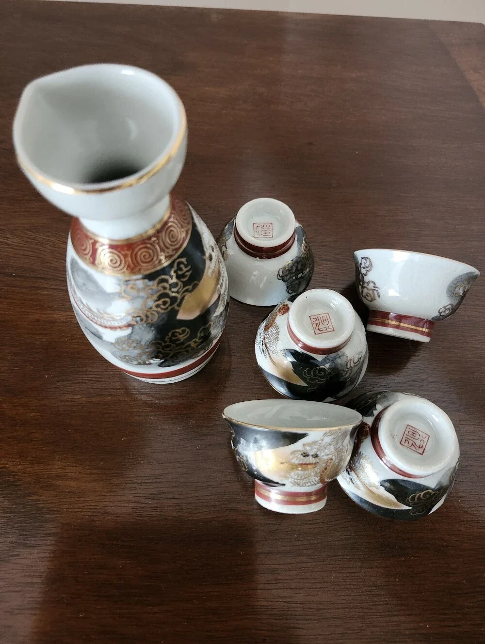 Vintage Japanese Kutani Dragon Sake Set with Gold Accents - White, Black, Red